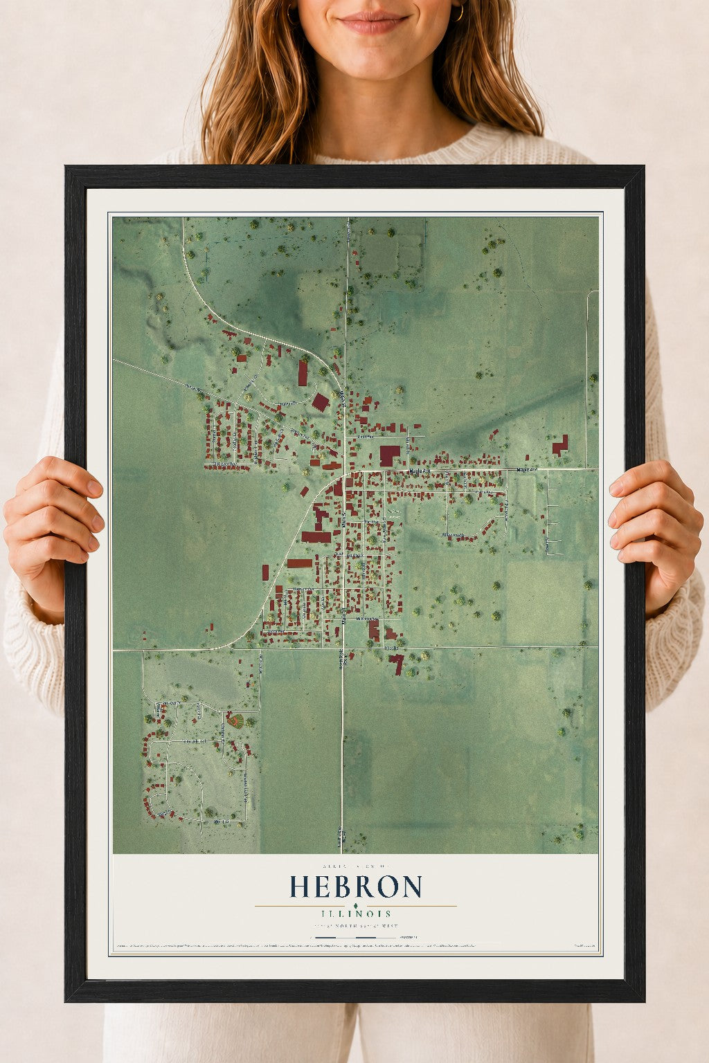Map of Hebron, Illinois, 18 x 24 inch print in a black wood frame