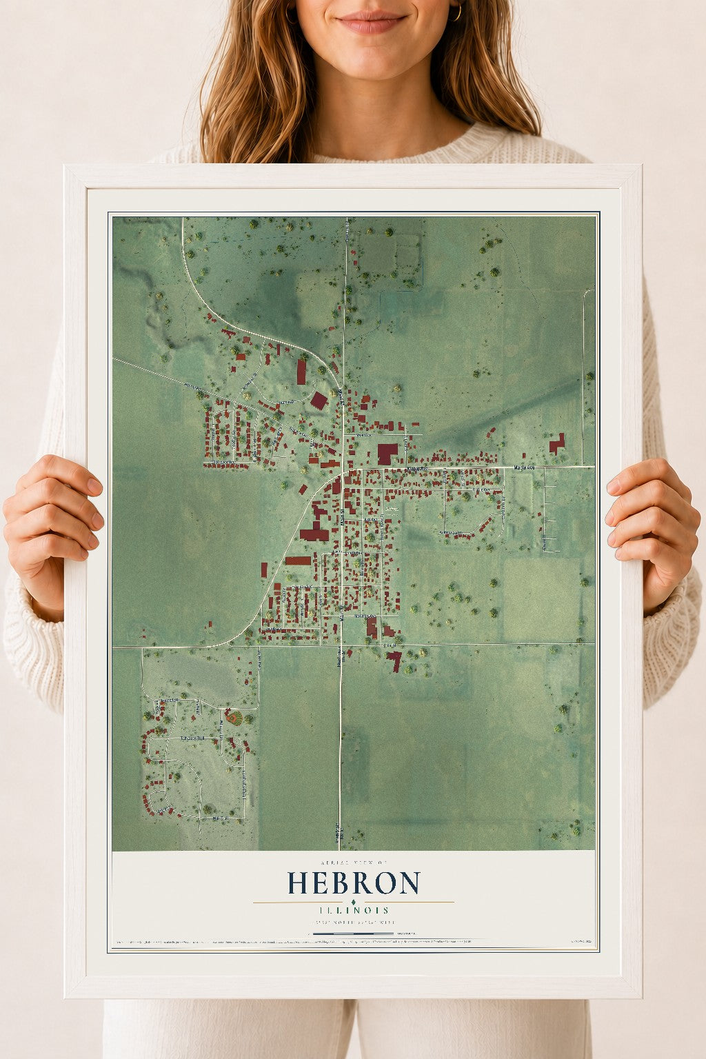Map of Hebron, Illinois, 18 x 24 inch print in a white wood frame