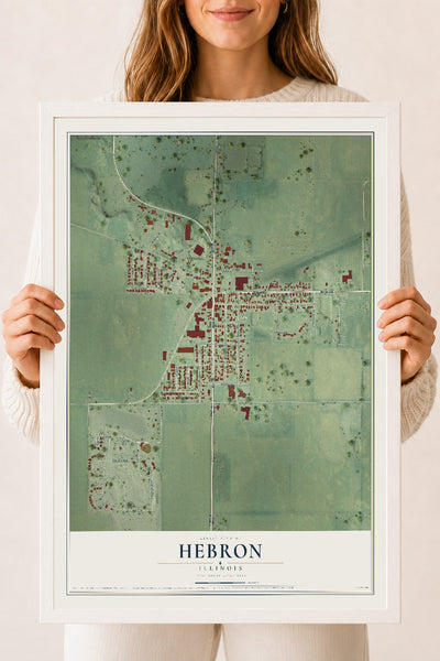Map of Hebron, Illinois, 18 x 24 inch print in a white wood frame