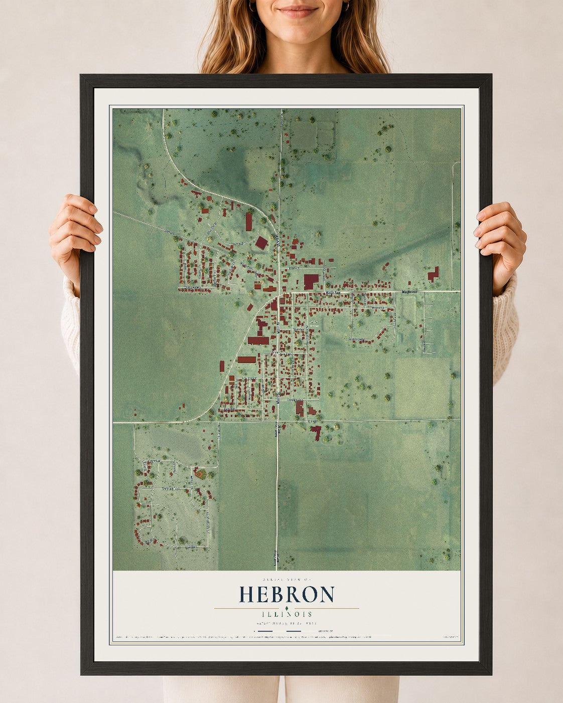 Map of Hebron, Illinois, 24 x 36 inch print in a black wood frame