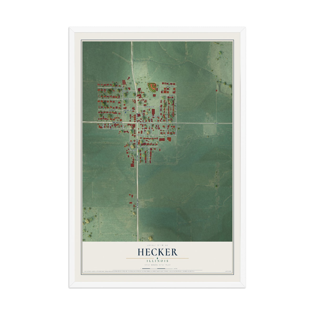 Map of Hecker, Illinois, 12 x 18 inch print in a white wood frame