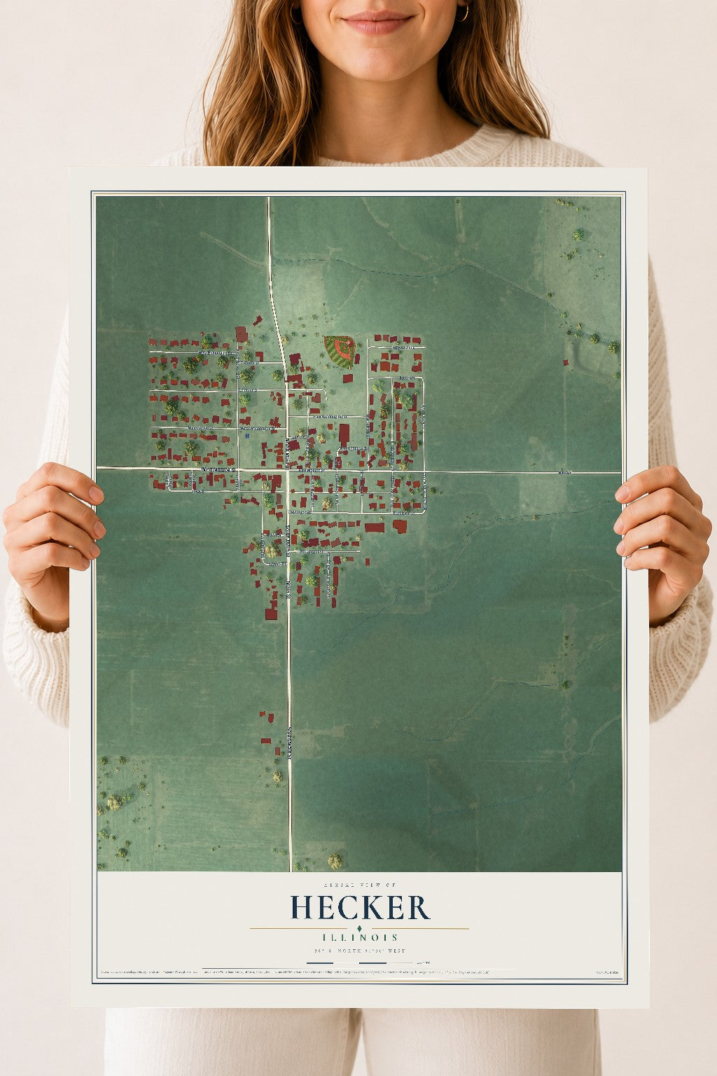 Map of Hecker, Illinois, 18 x 24 inch unframed archival matte print