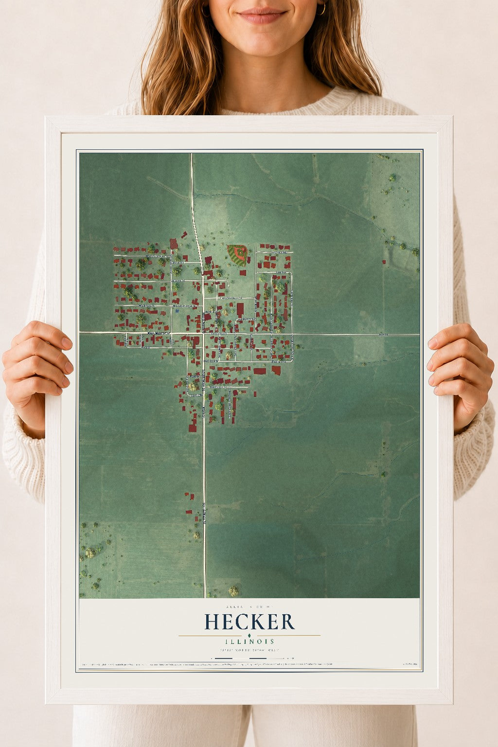 Map of Hecker, Illinois, 18 x 24 inch print in a white wood frame