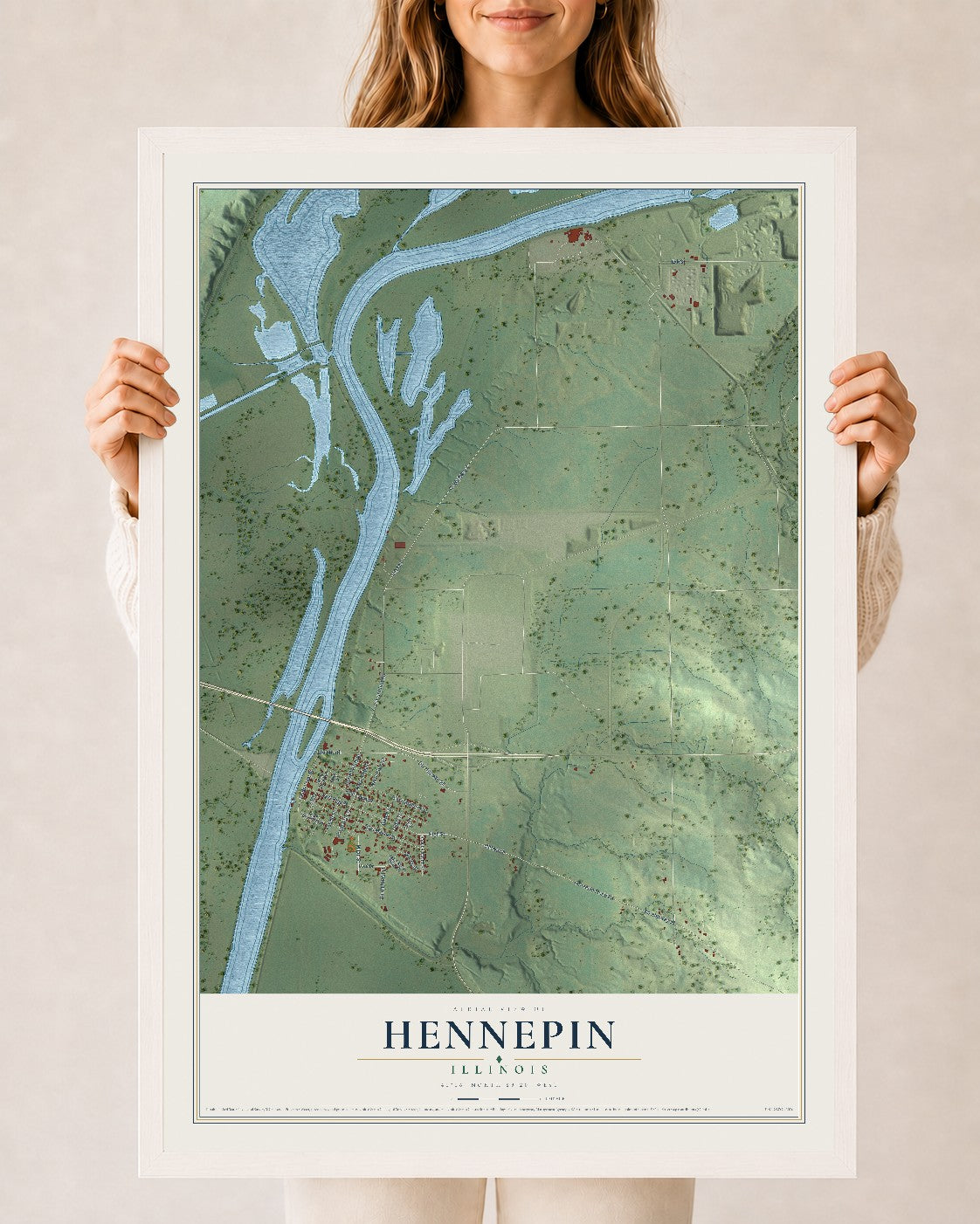 Map of Hennepin, Illinois, 24 x 36 inch print in a white wood frame