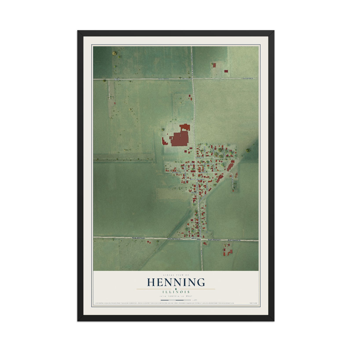 Map of Henning, Illinois, 12 x 18 inch print in a black wood frame
