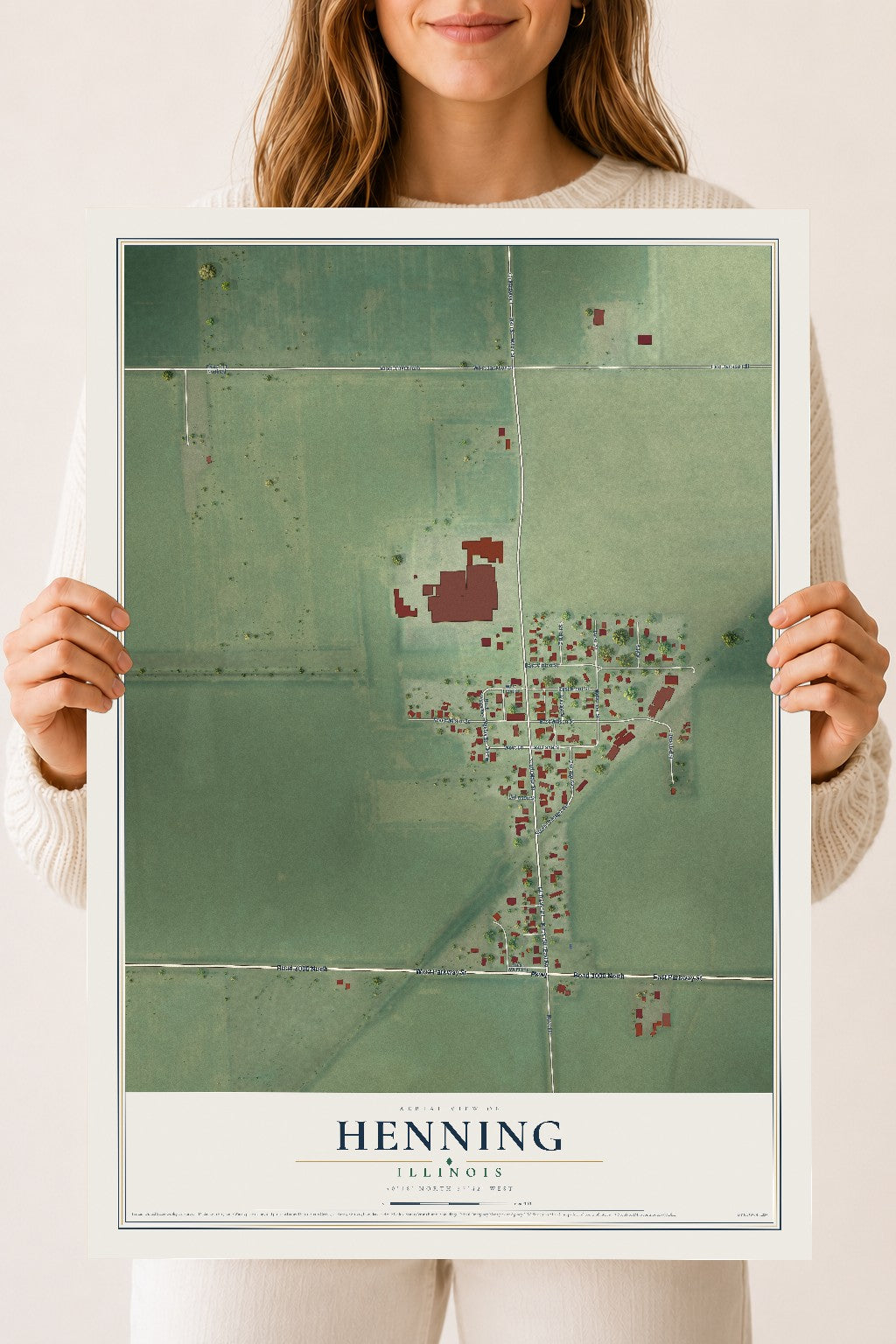 Map of Henning, Illinois, 18 x 24 inch unframed archival matte print