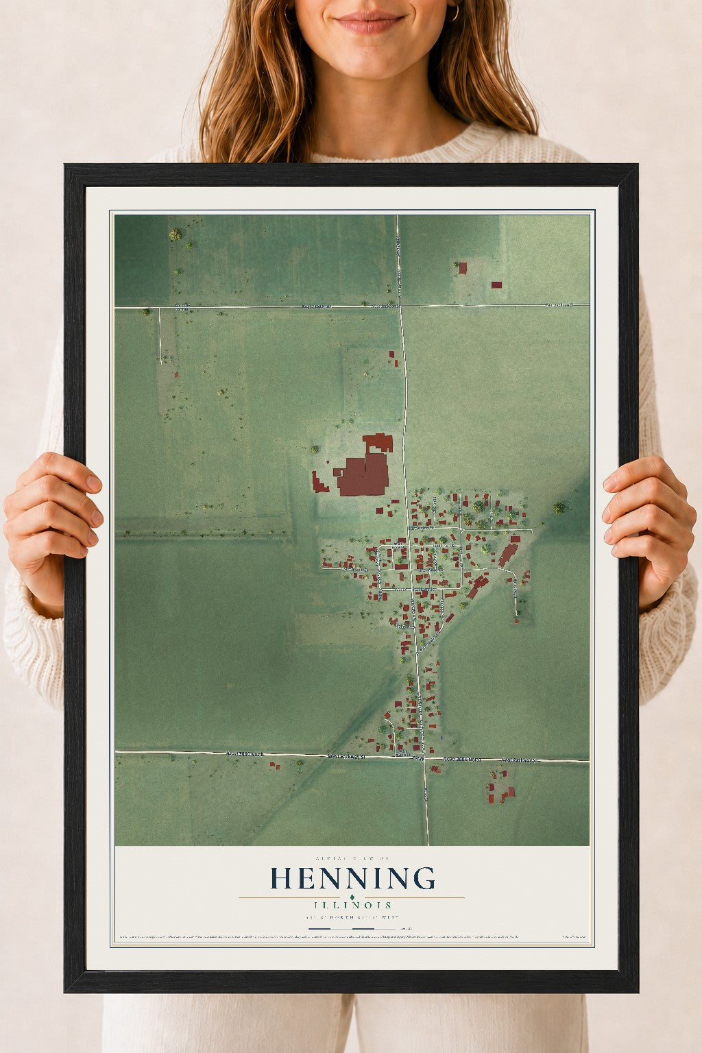 Map of Henning, Illinois, 18 x 24 inch print in a black wood frame