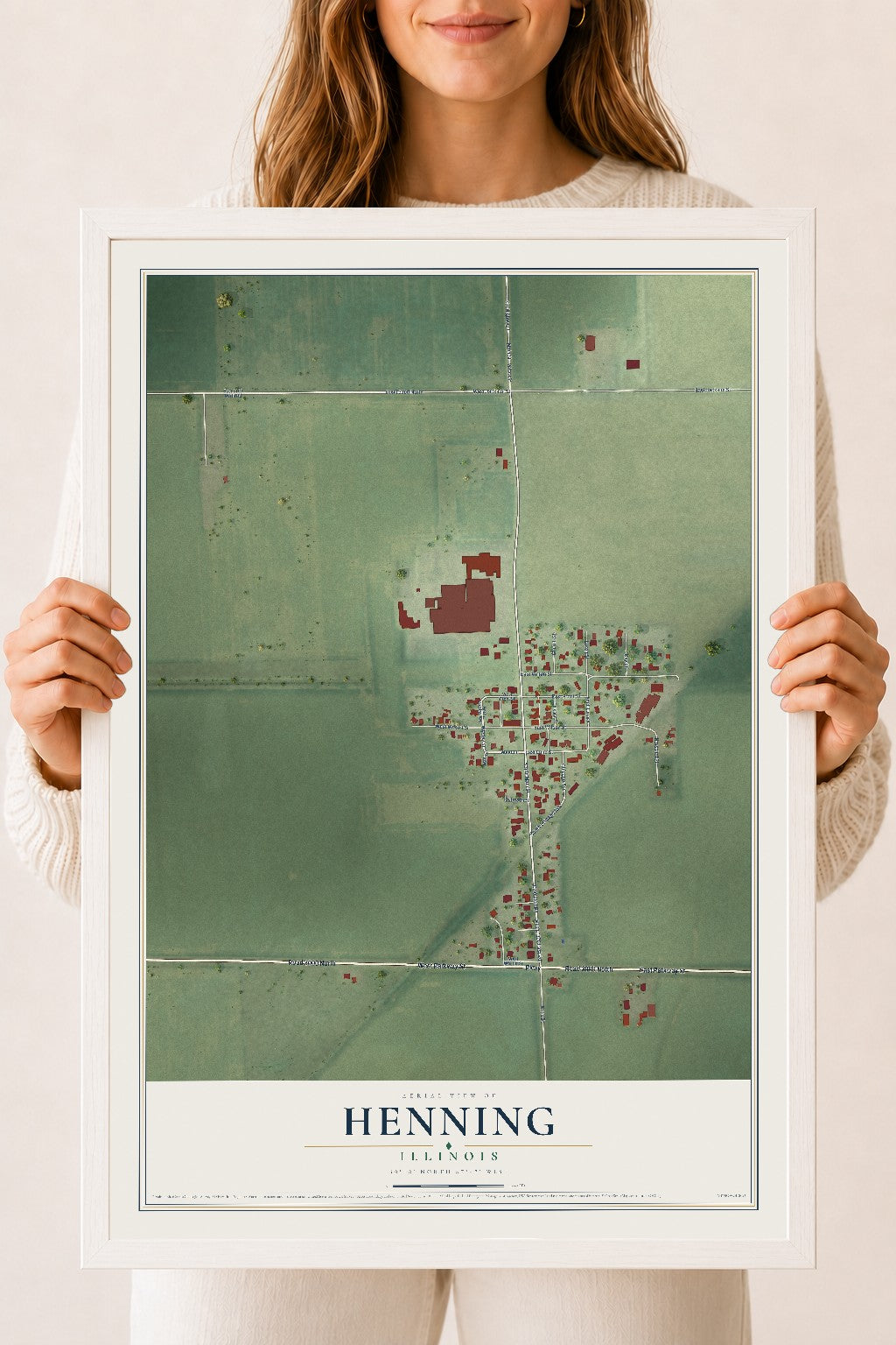 Map of Henning, Illinois, 18 x 24 inch print in a white wood frame