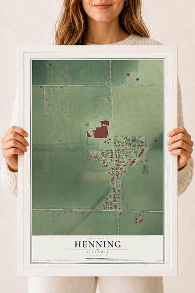 Map of Henning, Illinois, 18 x 24 inch print in a white wood frame