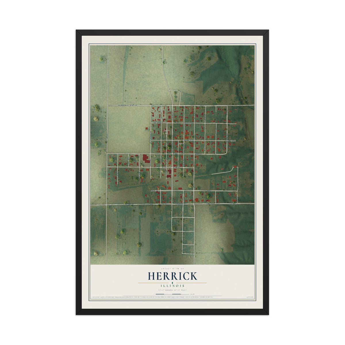 Map of Herrick, Illinois, 12 x 18 inch print in a black wood frame