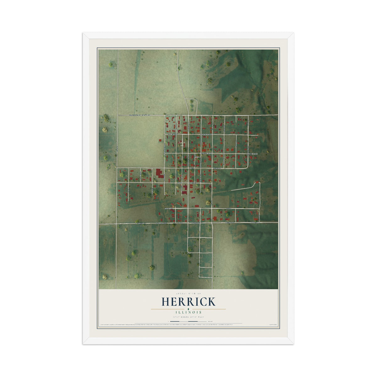 Map of Herrick, Illinois, 12 x 18 inch print in a white wood frame