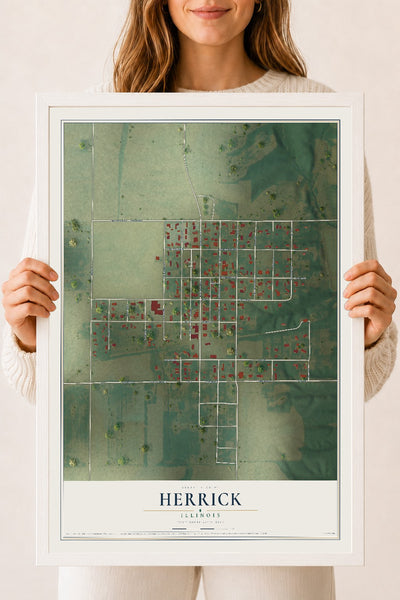 Map of Herrick, Illinois, 18 x 24 inch print in a white wood frame