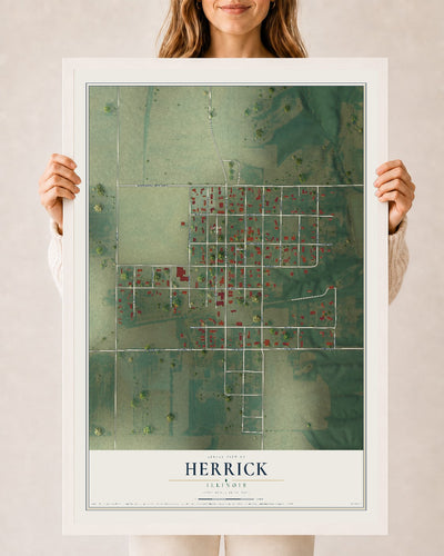 Map of Herrick, Illinois, 24 x 36 inch print in a white wood frame