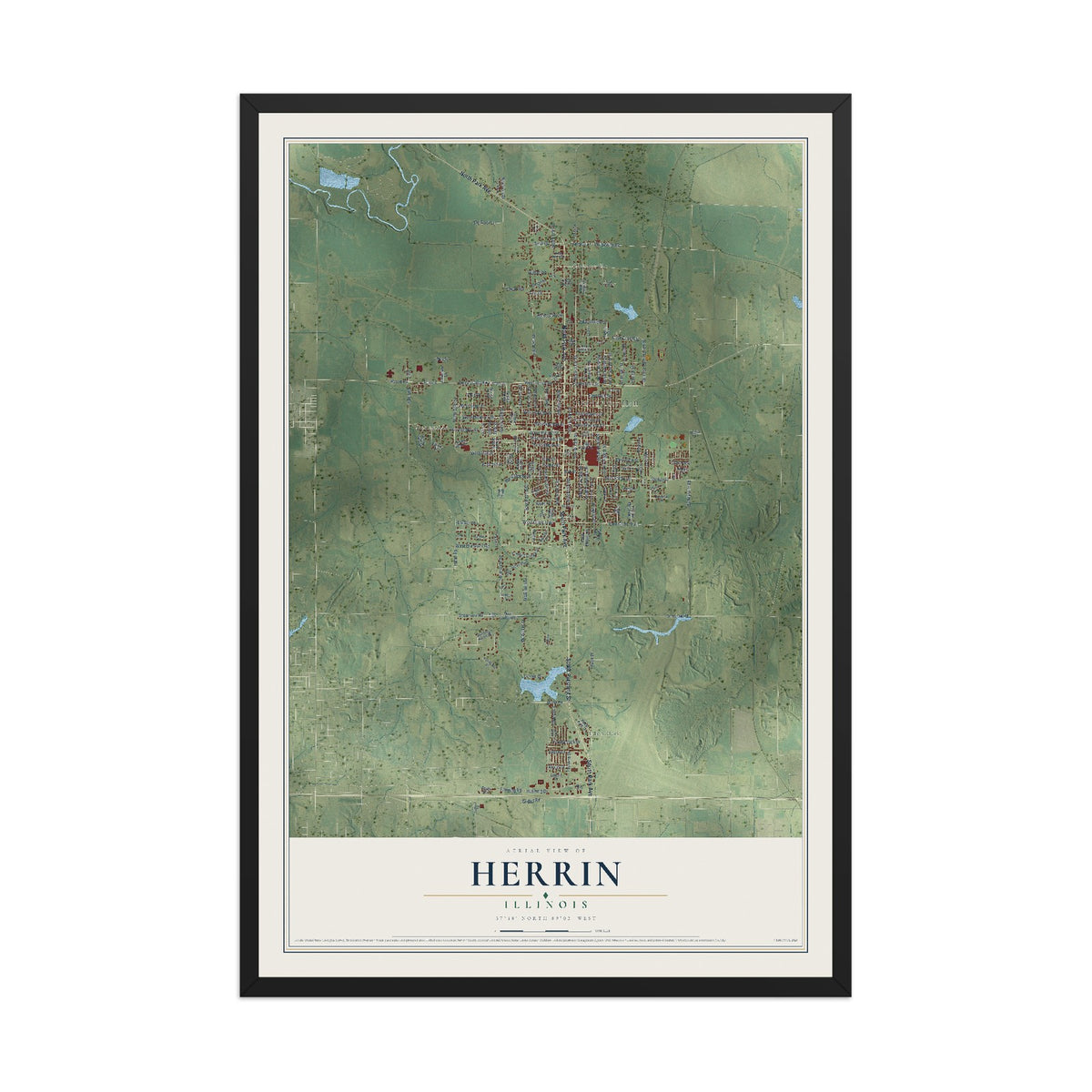 Map of Herrin, Illinois, 12 x 18 inch print in a black wood frame