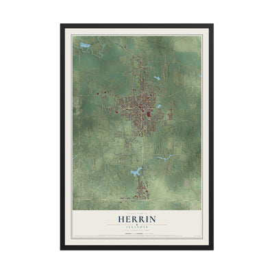 Map of Herrin, Illinois, 12 x 18 inch print in a black wood frame