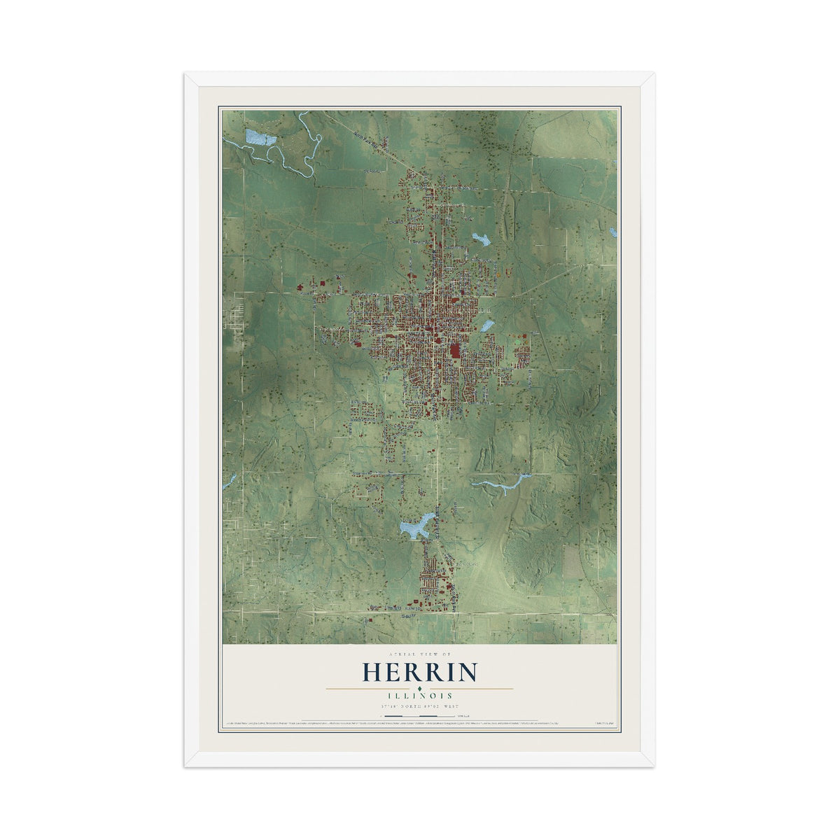 Map of Herrin, Illinois, 12 x 18 inch print in a white wood frame