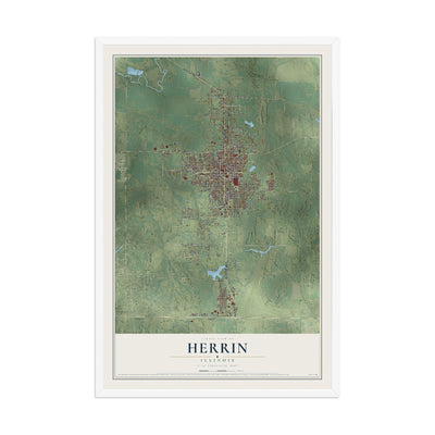 Map of Herrin, Illinois, 12 x 18 inch print in a white wood frame
