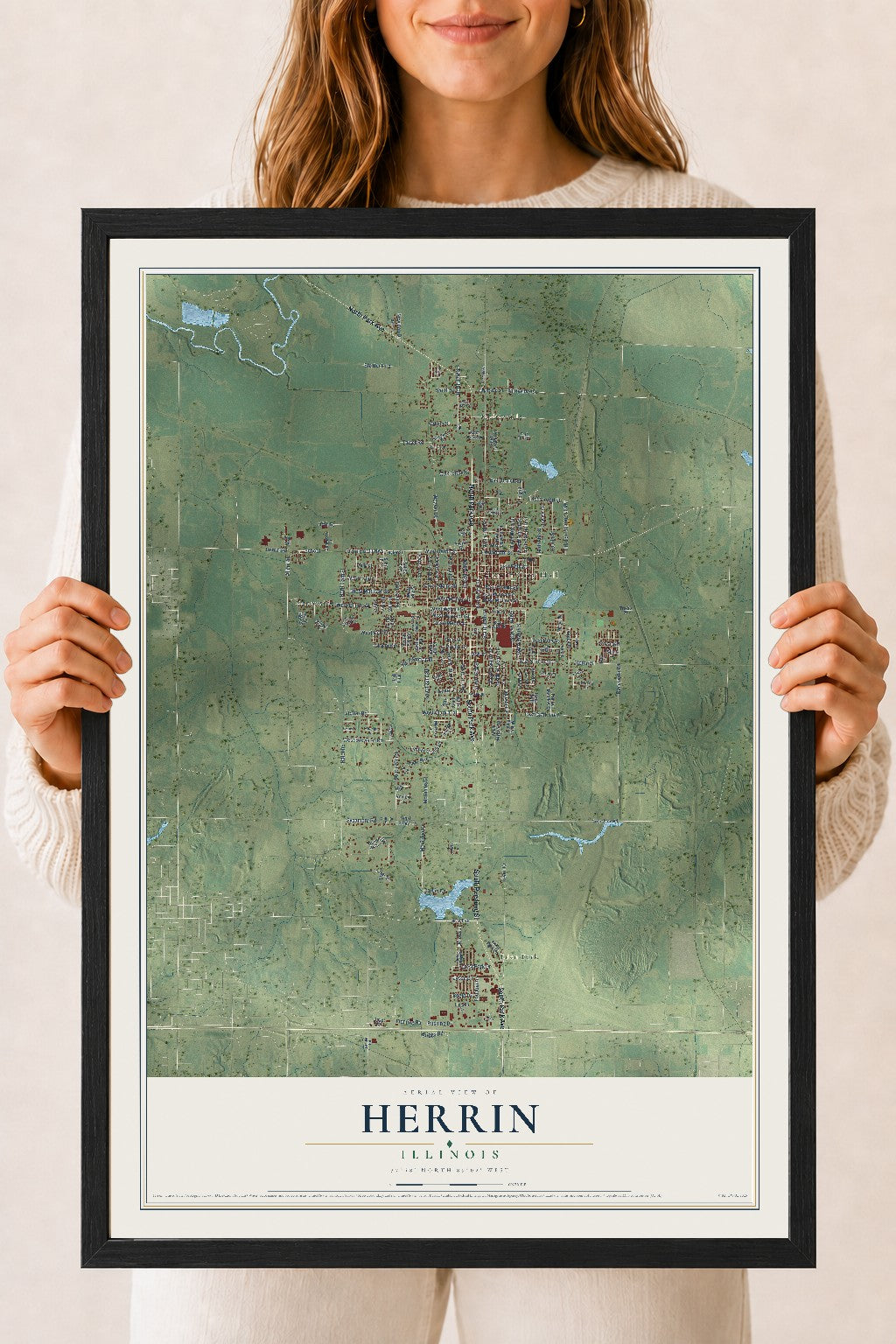 Map of Herrin, Illinois, 18 x 24 inch print in a black wood frame