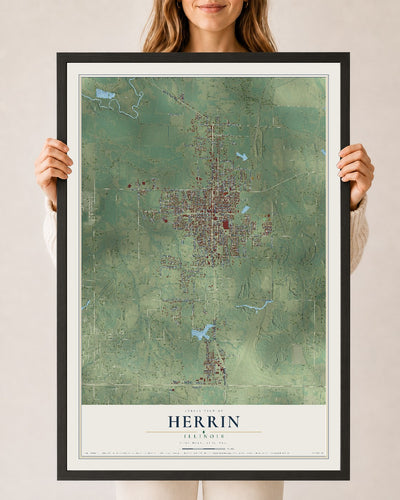 Map of Herrin, Illinois, 24 x 36 inch print in a black wood frame