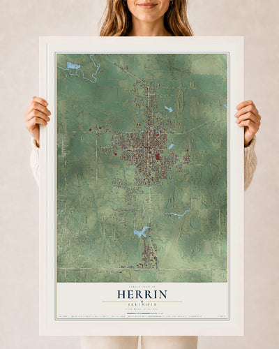 Map of Herrin, Illinois, 24 x 36 inch print in a white wood frame
