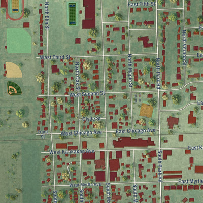 Close-up of the map of Herscher, Illinois print showing street and building detail