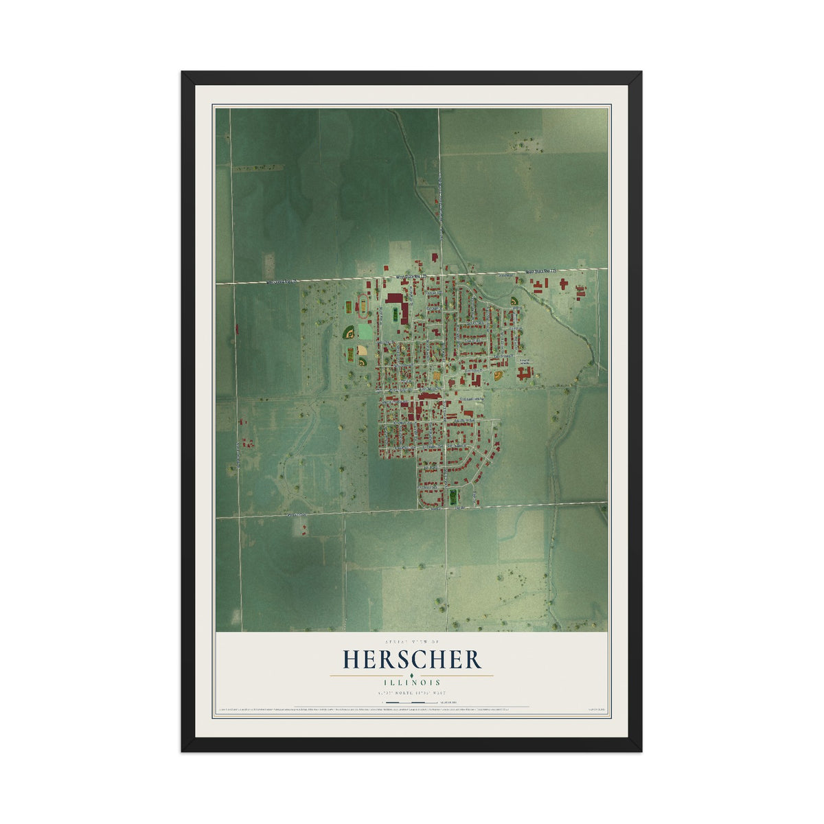 Map of Herscher, Illinois, 12 x 18 inch print in a black wood frame