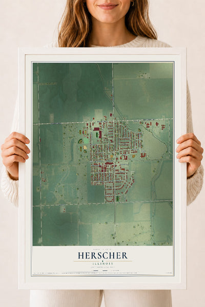 Map of Herscher, Illinois, 18 x 24 inch print in a white wood frame