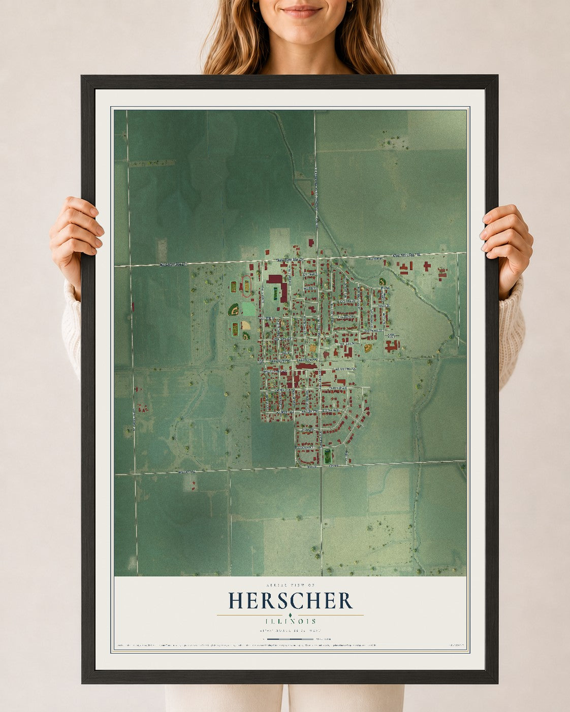 Map of Herscher, Illinois, 24 x 36 inch print in a black wood frame