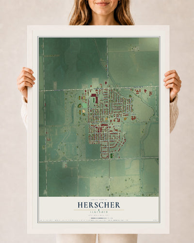 Map of Herscher, Illinois, 24 x 36 inch print in a white wood frame