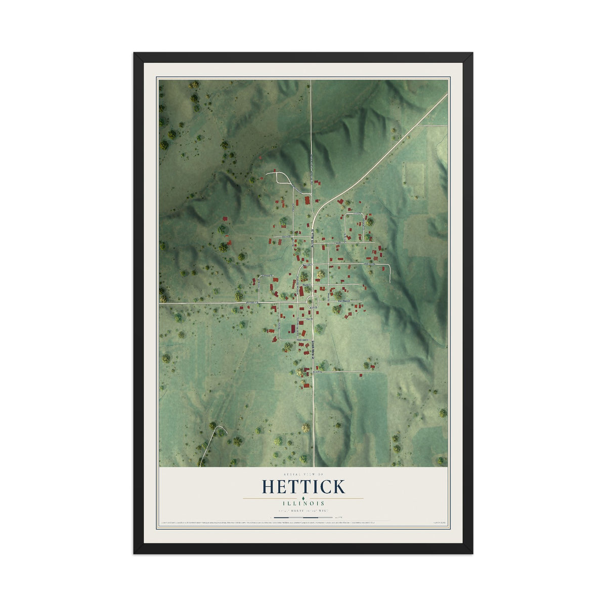 Map of Hettick, Illinois, 12 x 18 inch print in a black wood frame