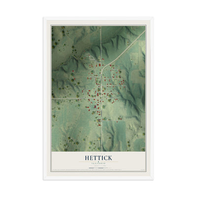 Map of Hettick, Illinois, 12 x 18 inch print in a white wood frame