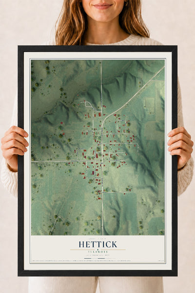 Map of Hettick, Illinois, 18 x 24 inch print in a black wood frame