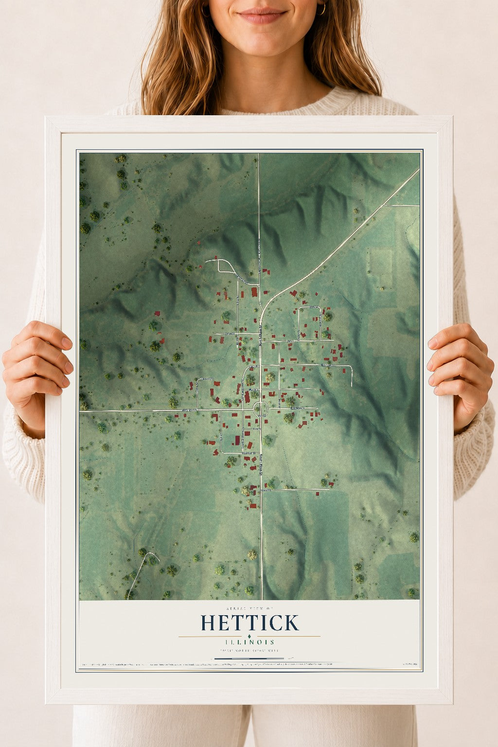 Map of Hettick, Illinois, 18 x 24 inch print in a white wood frame