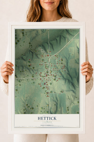 Map of Hettick, Illinois, 18 x 24 inch print in a white wood frame