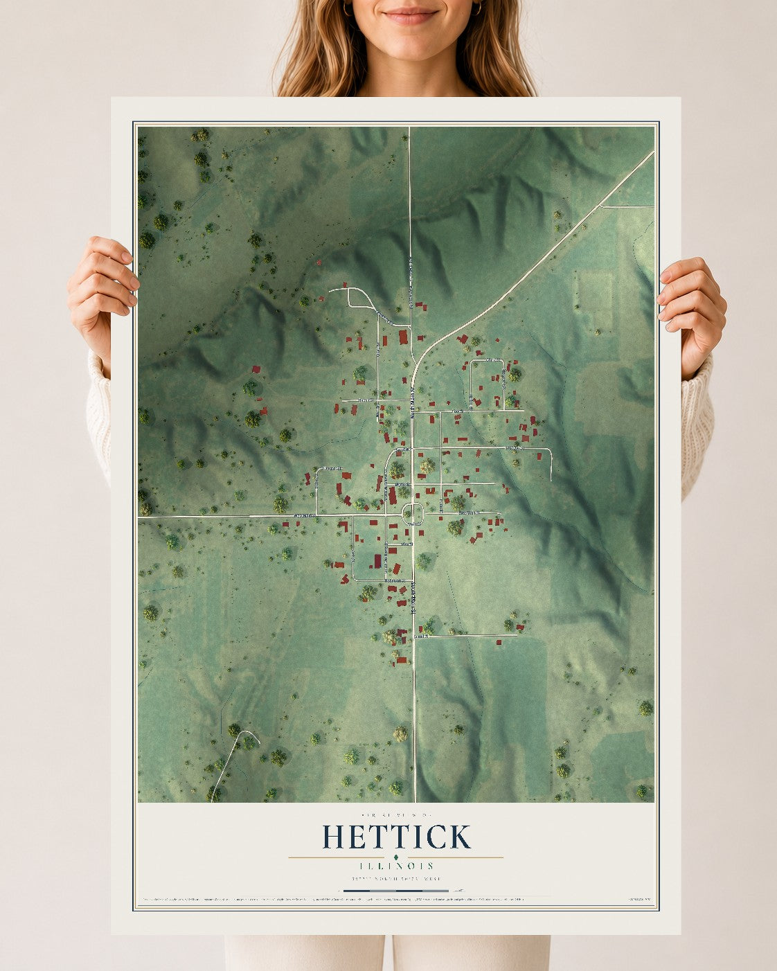 Map of Hettick, Illinois, 24 x 36 inch unframed archival matte print