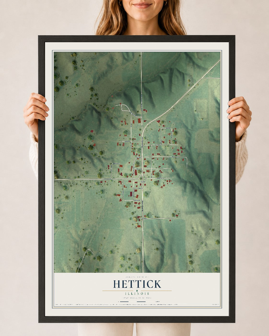Map of Hettick, Illinois, 24 x 36 inch print in a black wood frame