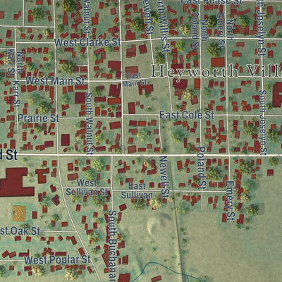 Close-up of the map of Heyworth, Illinois print showing street and building detail