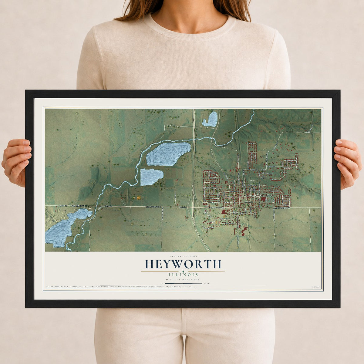 Map of Heyworth, Illinois, 12 x 18 inch print in a black wood frame