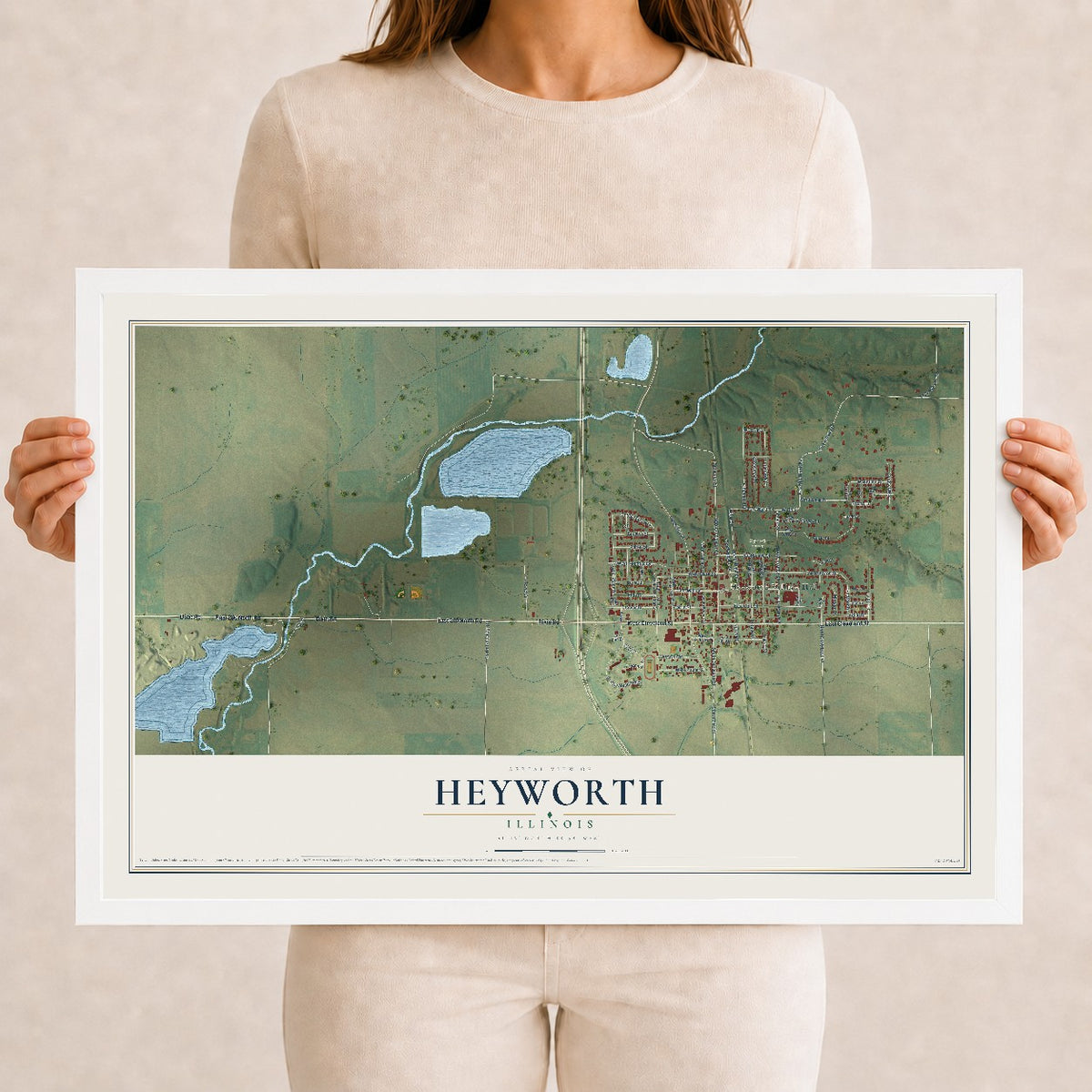 Map of Heyworth, Illinois, 12 x 18 inch print in a white wood frame