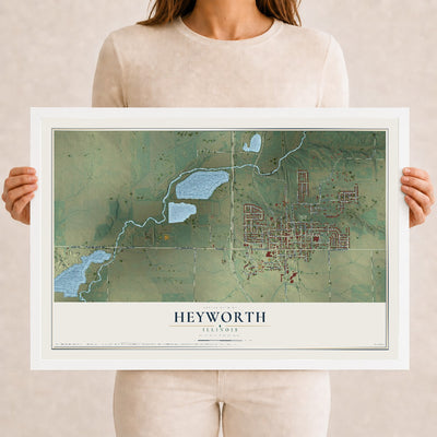 Map of Heyworth, Illinois, 12 x 18 inch print in a white wood frame