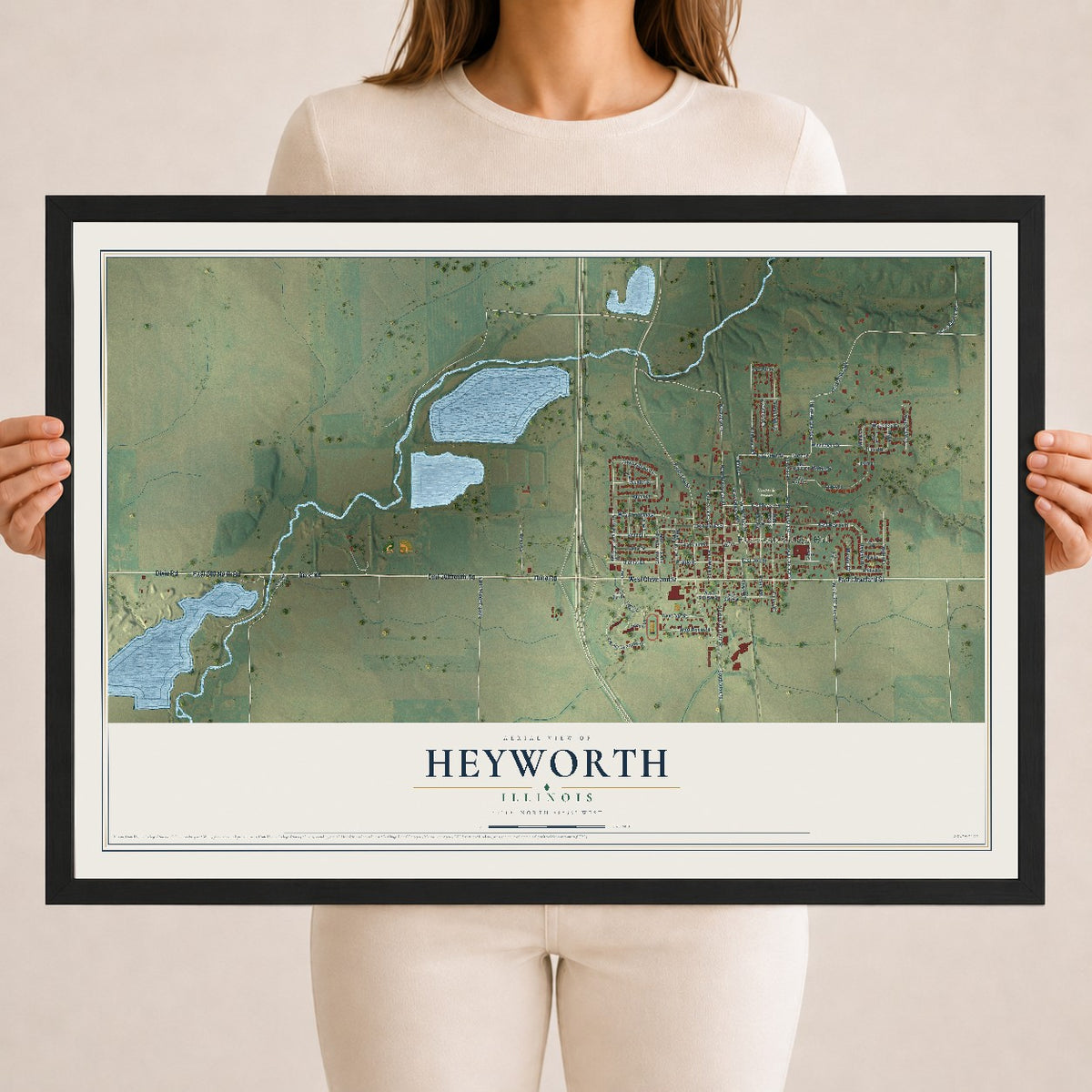 Map of Heyworth, Illinois, 18 x 24 inch print in a black wood frame