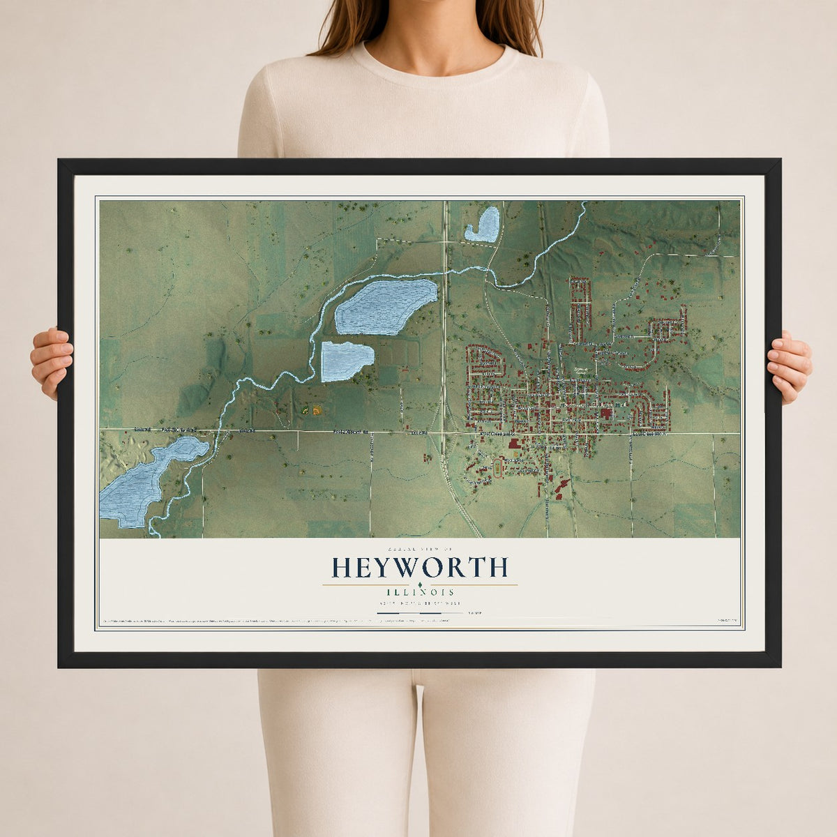 Map of Heyworth, Illinois, 24 x 36 inch print in a black wood frame