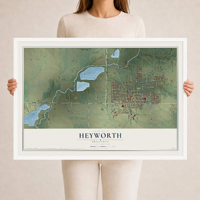 Map of Heyworth, Illinois, 24 x 36 inch print in a white wood frame