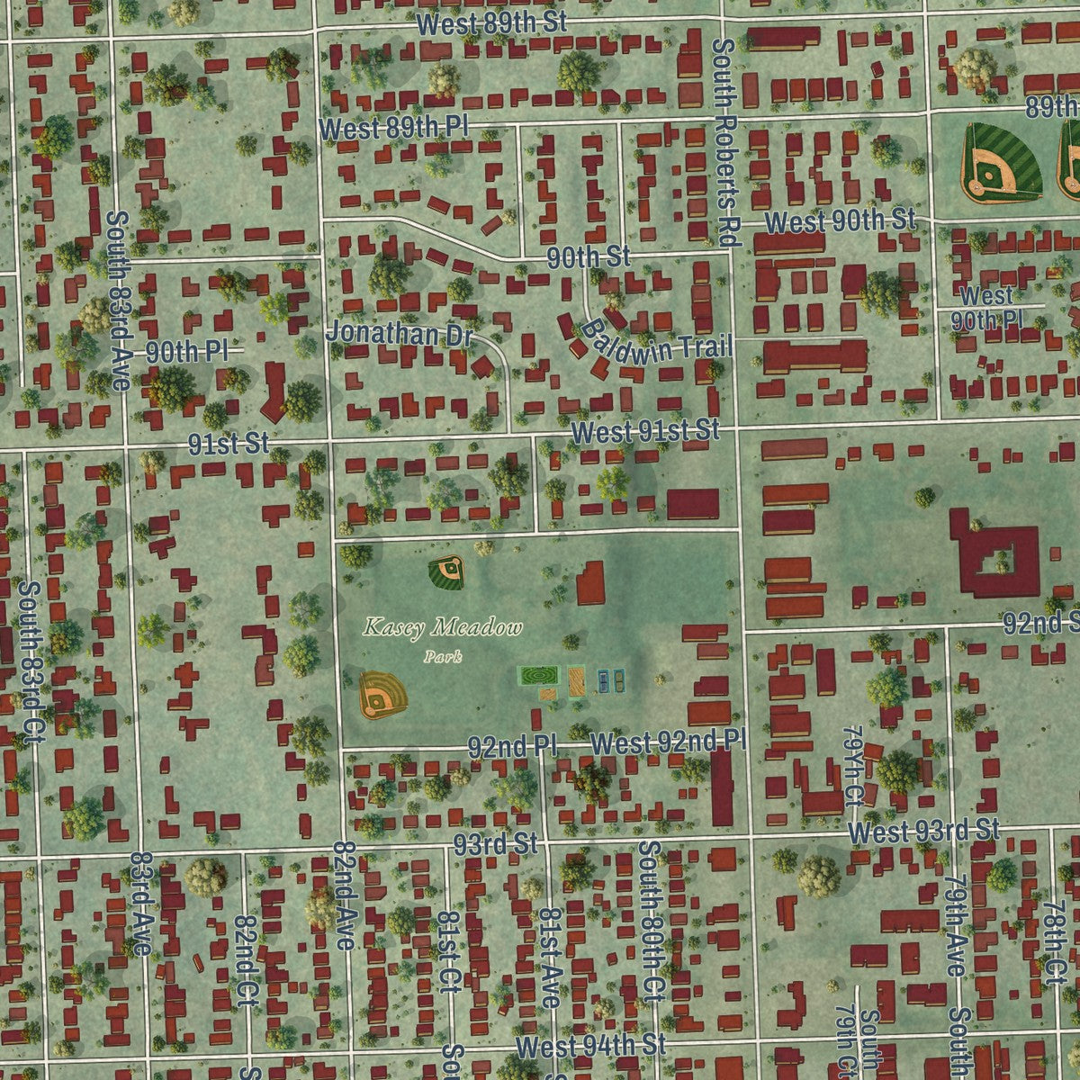 Close-up of the map of Hickory Hills, Illinois print showing street and building detail