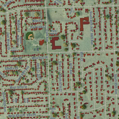 Second close-up of the map of Hickory Hills, Illinois print showing more streets and buildings