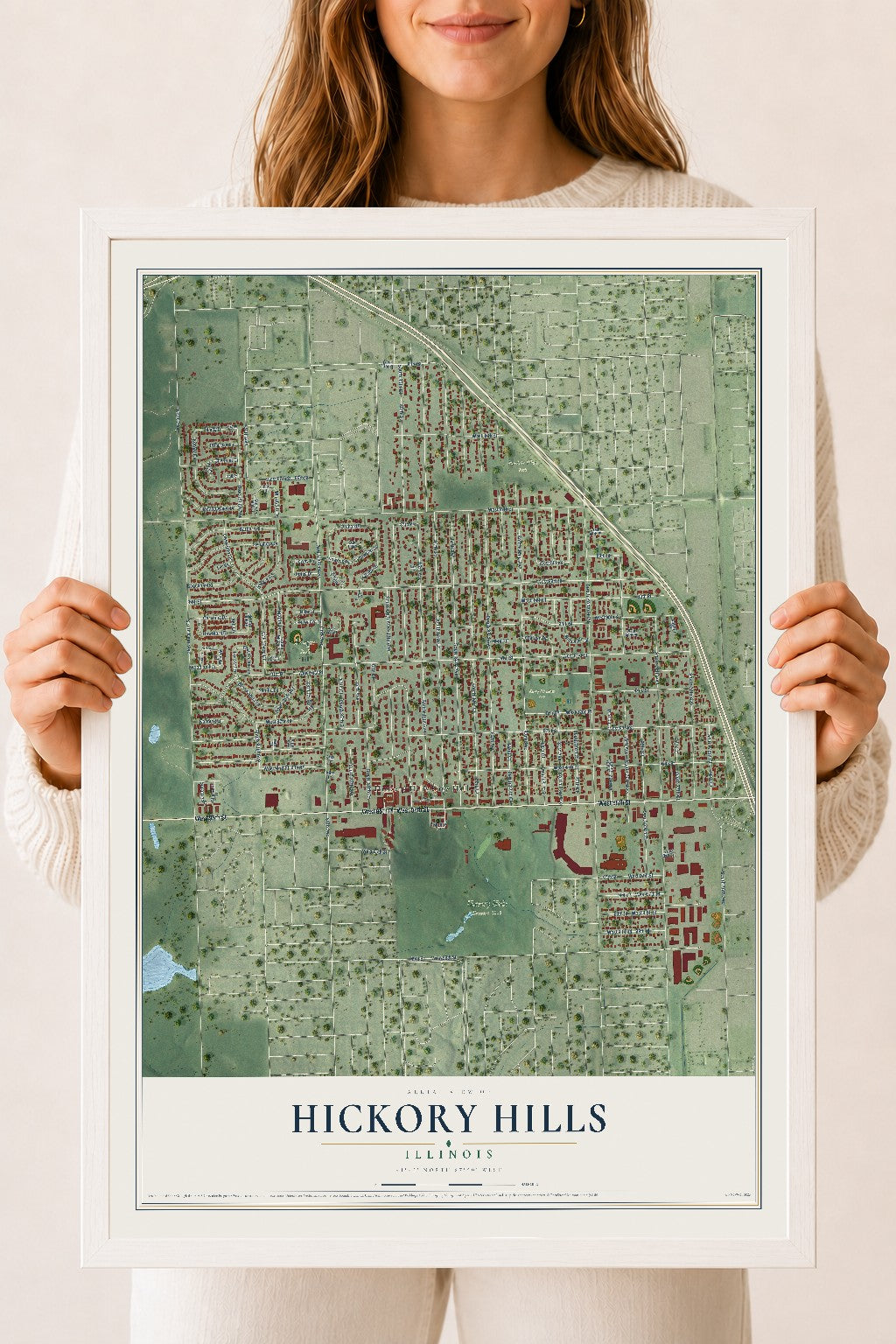 Map of Hickory Hills, Illinois, 18 x 24 inch print in a white wood frame