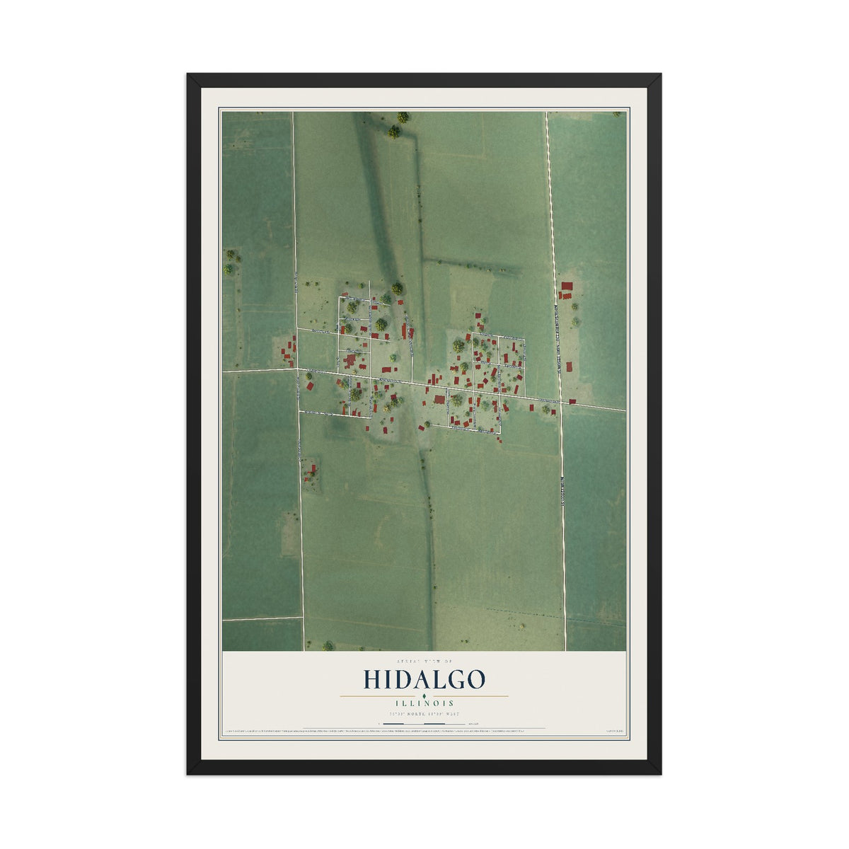 Map of Hidalgo, Illinois, 12 x 18 inch print in a black wood frame