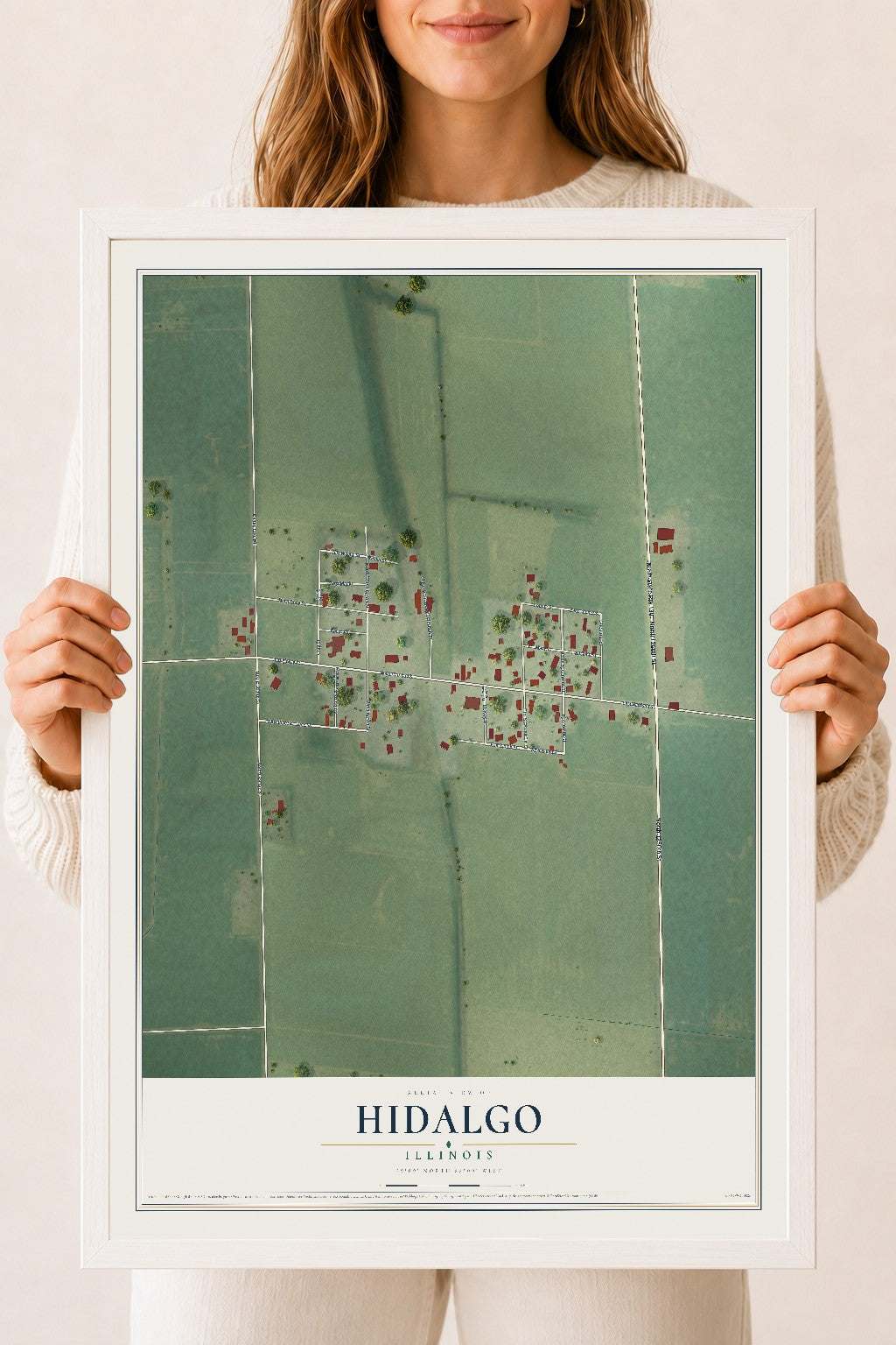Map of Hidalgo, Illinois, 18 x 24 inch print in a white wood frame