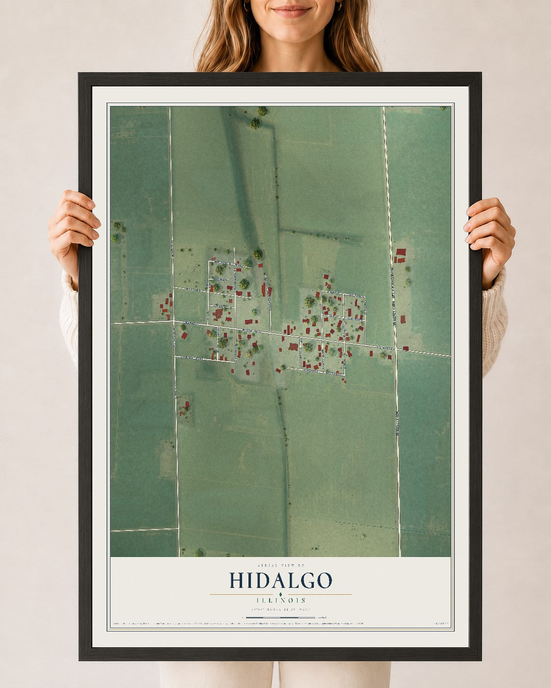 Map of Hidalgo, Illinois, 24 x 36 inch print in a black wood frame