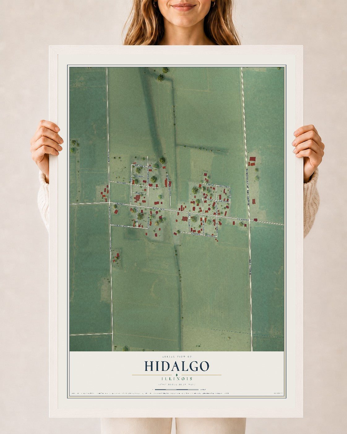 Map of Hidalgo, Illinois, 24 x 36 inch print in a white wood frame